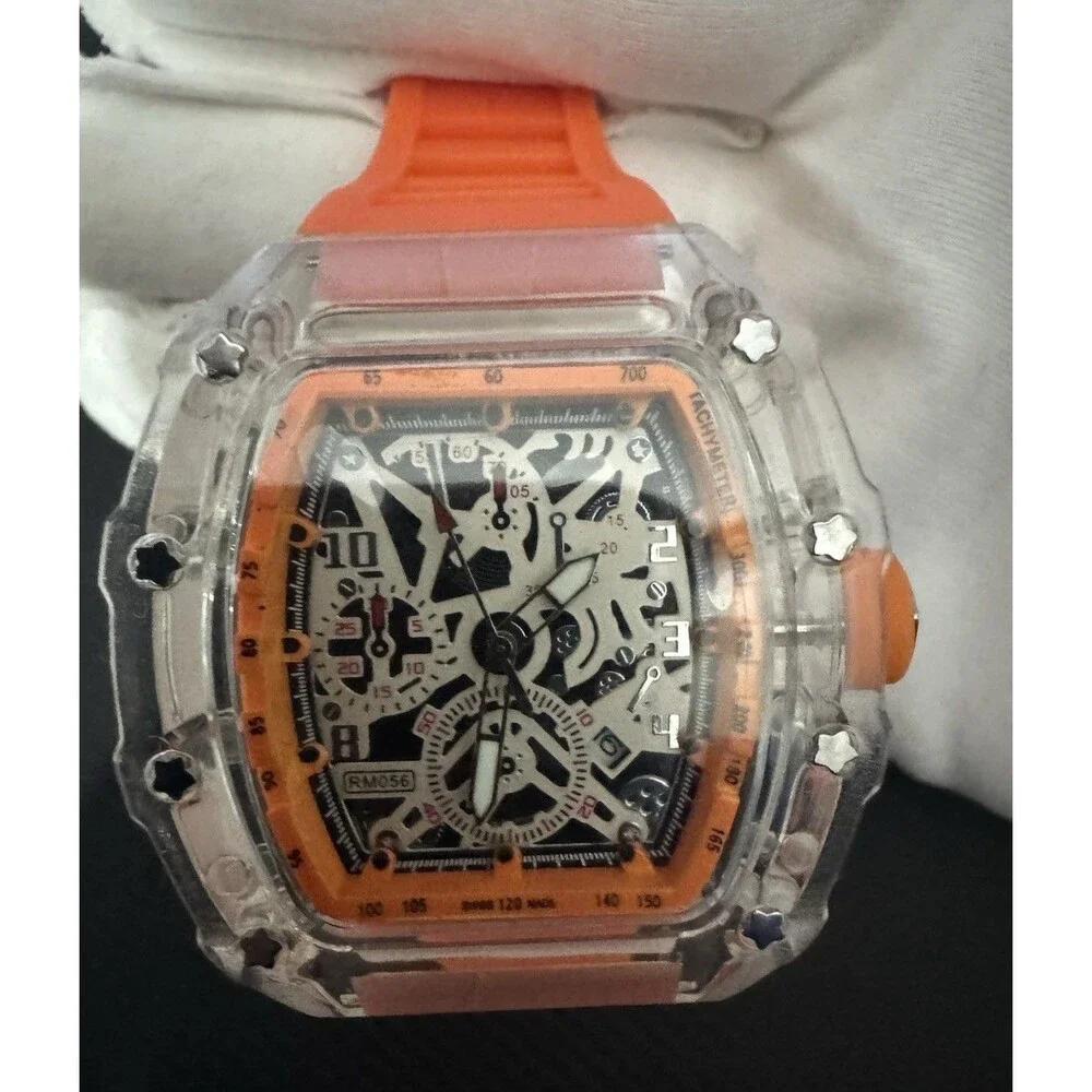 Skeleton Dial Quartz Chronograph Watch Clear Case Orange Rubber Strap